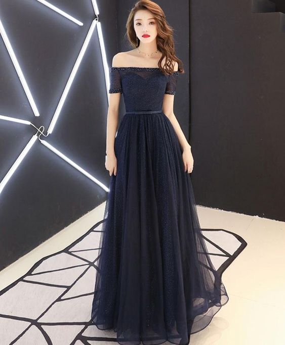 Dark blue tulle long prom dress, blue tulle evening dress   cg9688