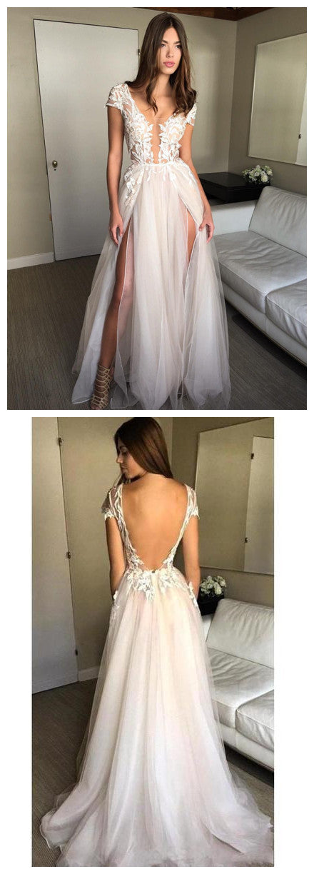 Cap Sleeve A-line Lace Tulle Long Backless Prom Dress Slit Evening Dress  cg969