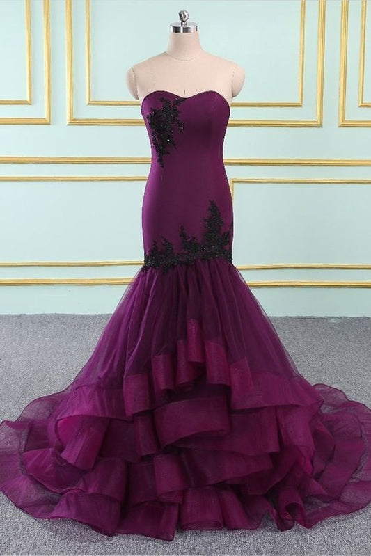Sweetheart Neck Purple Organza Long Mermaid Layered Evening Dress Prom Dress   cg9691