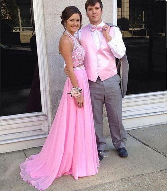 Pink Prom Dress with Beading,Two Pieces Prom Dress,A Line Prom Dress,Long Formal Party Gown  cg9705