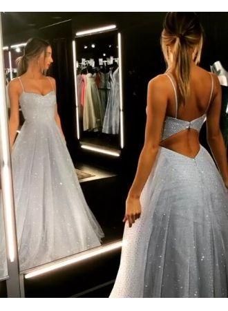 Gorgeous Spaghetti-Strap Long Prom Dresses 2019 Sequins Evening Gowns cg971