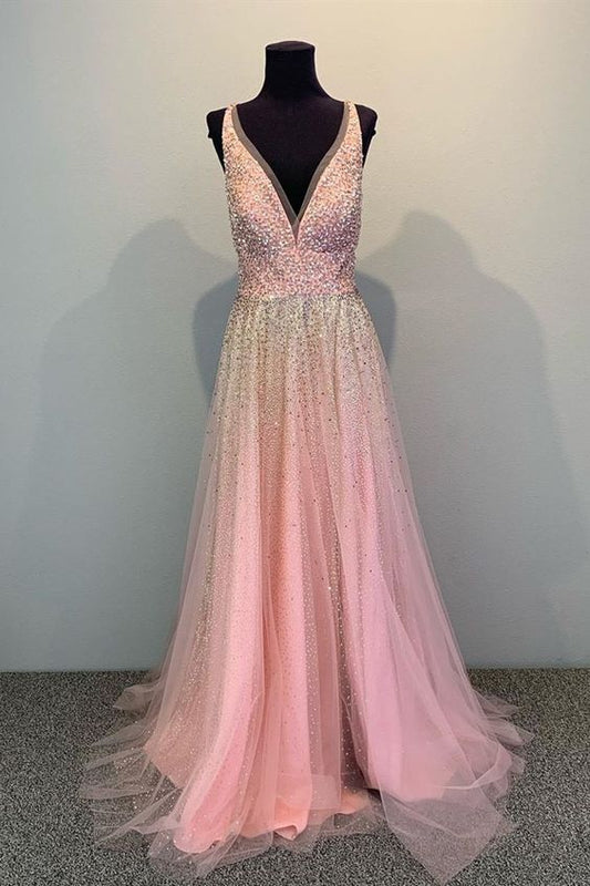 shiny pink A-line tulle long formal dress prom dress with sparkles  cg9725