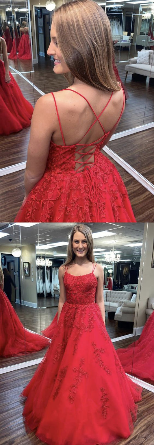 Red tulle lace long prom dress formal dress  cg9734