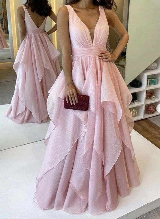 Pink Chiffon Open Back Long A Line Halter Prom Dress Formal Dress  cg9745