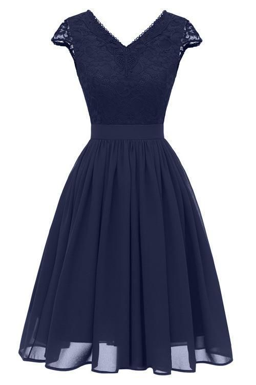 Dark Navy A-line Cap Sleeves Chiffon Homecoming Dress   cg9759