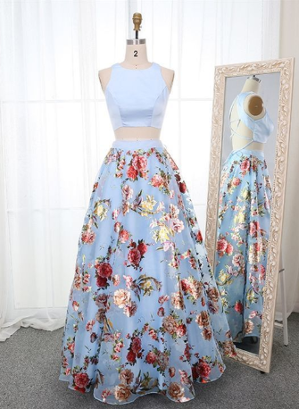 Beautiful Pretty Two Piece Round Neck Blue Floral Organza Prom Dress cg976