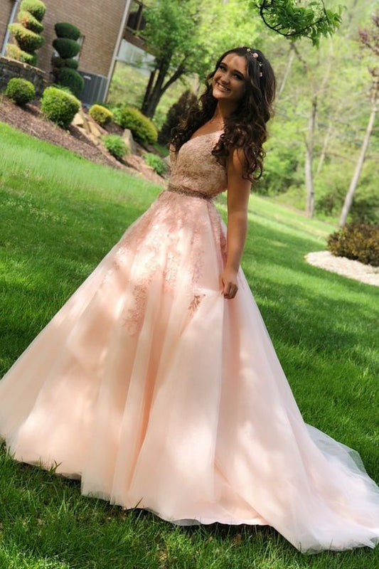 Pink Princesss A-line Tulle Long Birthday prom Dress with Beaded Band and Sweep Train    cg9760