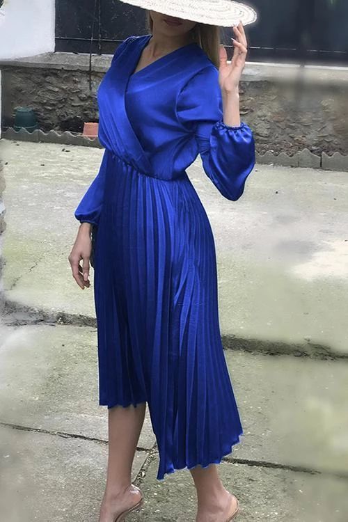 V Neck Long Sleeve Pleated Dress  prom dress   cg9774