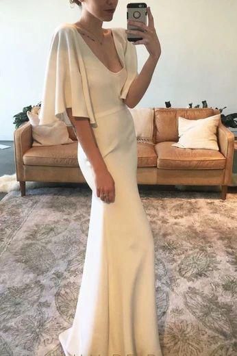 White Mermaid Prom Dress With Short Sleeves    cg9786