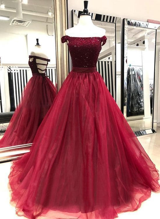 Burgundy Off Shoulder Beaded Tulle Prom Dress   cg9794