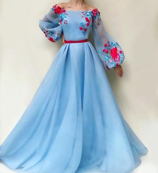 blue party dress long sleeve evening dress tulle applique prom dress off shoulder ball gown   cg9797