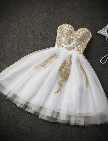 Cute White Tulle Party Dress with Gold Applique homecoming Dresses   cg9831