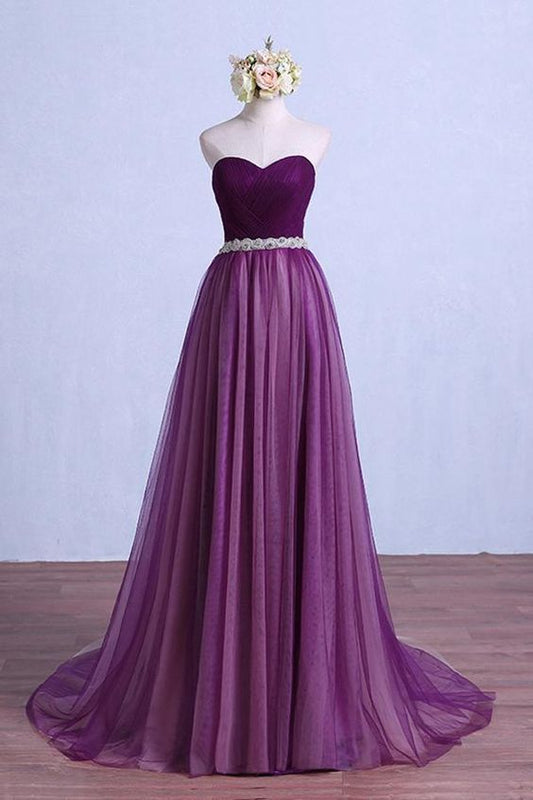 Colorful Purple Purple Tulle Strapless Beaded Long Pageant Prom Dess   cg9849