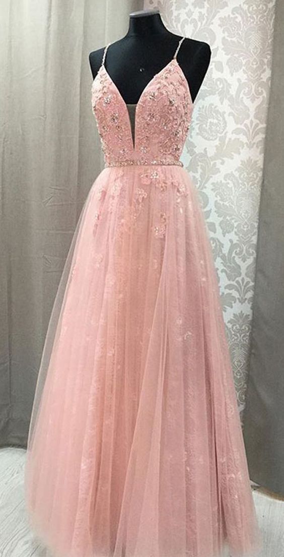 Pink Prom Dress,Tulle Prom Gown,Appliques Prom Dress,lace Prom Gown cg ...