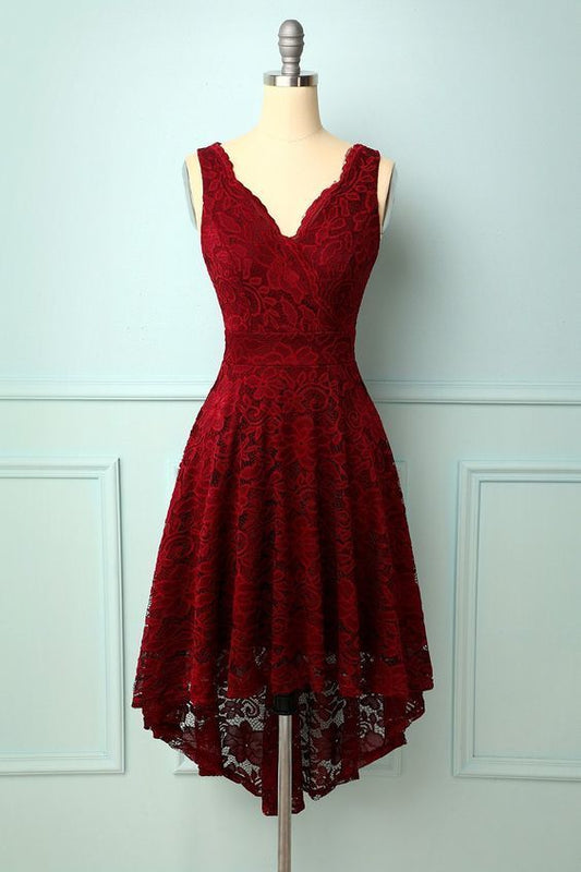 Dark Red V-Neck Lace Dress homecoming dress  cg9870