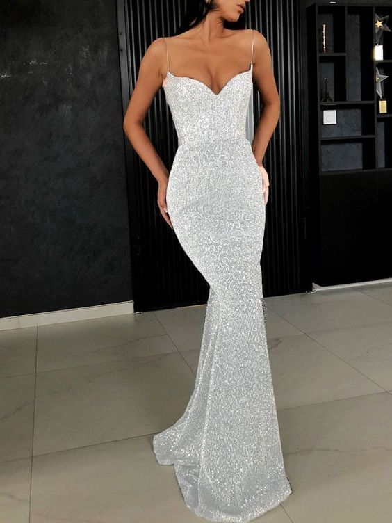 White Sequin Sparkly Glitter Spaghetti Strap Bodycon Mermaid V-neck Prom dresses  cg9929