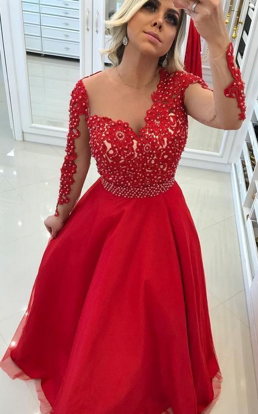 Asymmetrical Neck Long Sleeves Red Prom Dresses With Pearls Beaded Appliques   cg9938