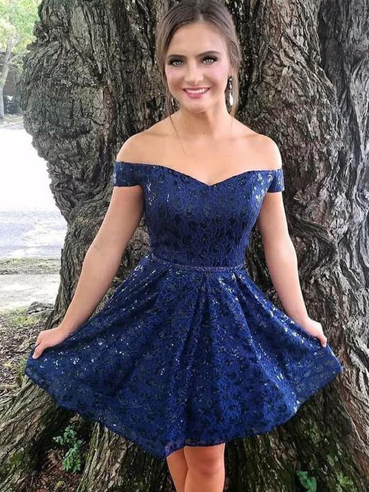 Off Shoulder Royal Blue Sequin Lace Homecoming Dresses cg998