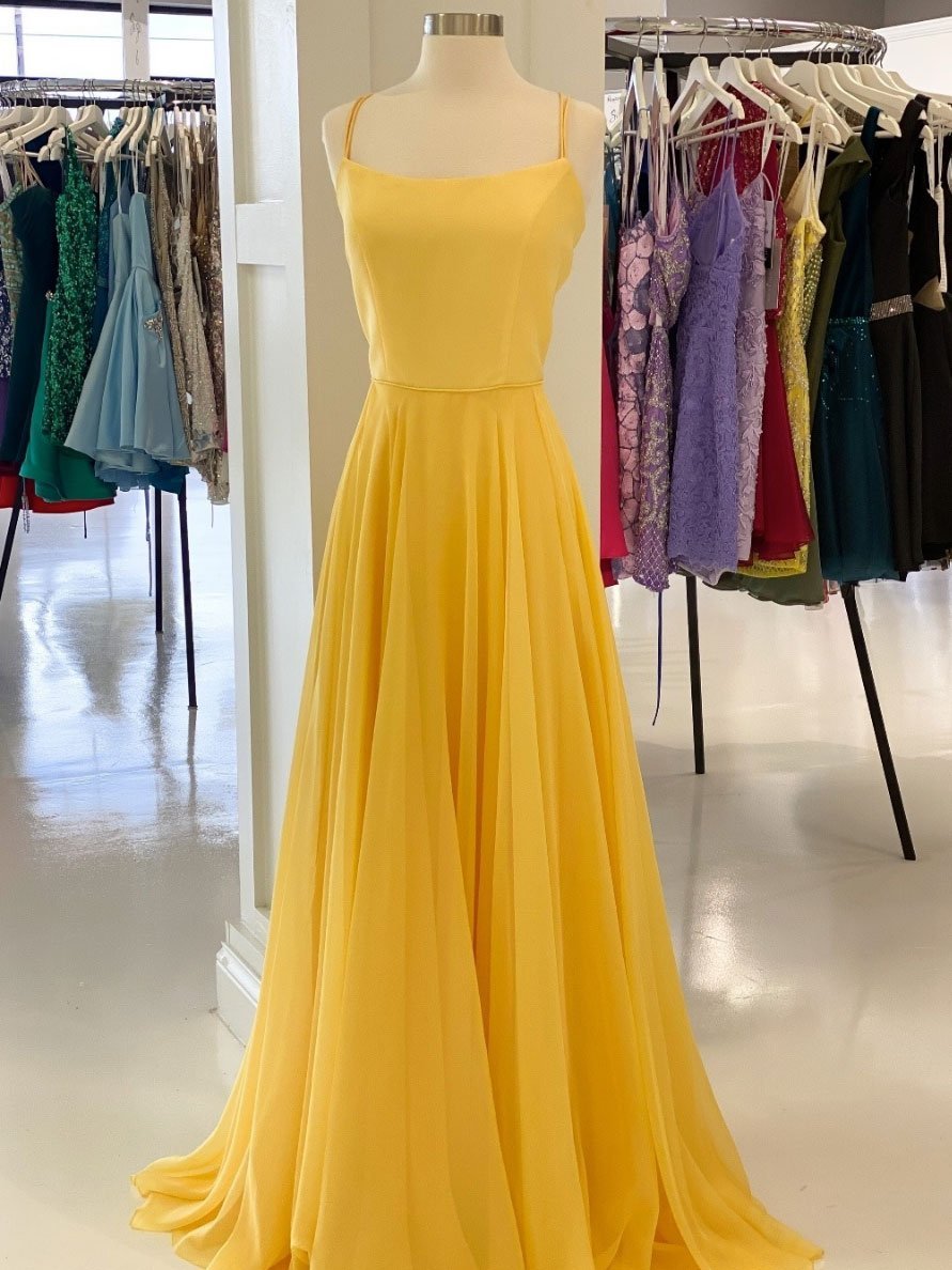 Simple yellow chiffon long prom dress, yellow formal dress    nv12