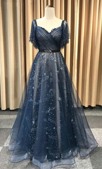 dark blue lace tulle long prom dress, evening dress  cg20123