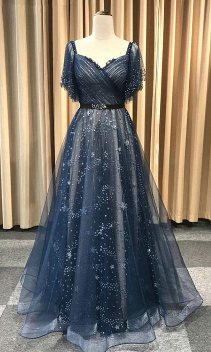 Dark blue tulle long prom dress, blue tulle evening dress   cg24822