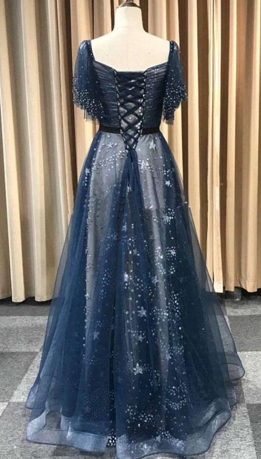 Dark blue tulle long prom dress, blue tulle evening dress   cg24822