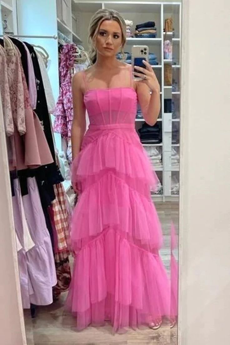 Princess Hot Pink Long Prom Dress Layered Tulle Sleeveless Corset Gown,Evening Dresses   cg24859